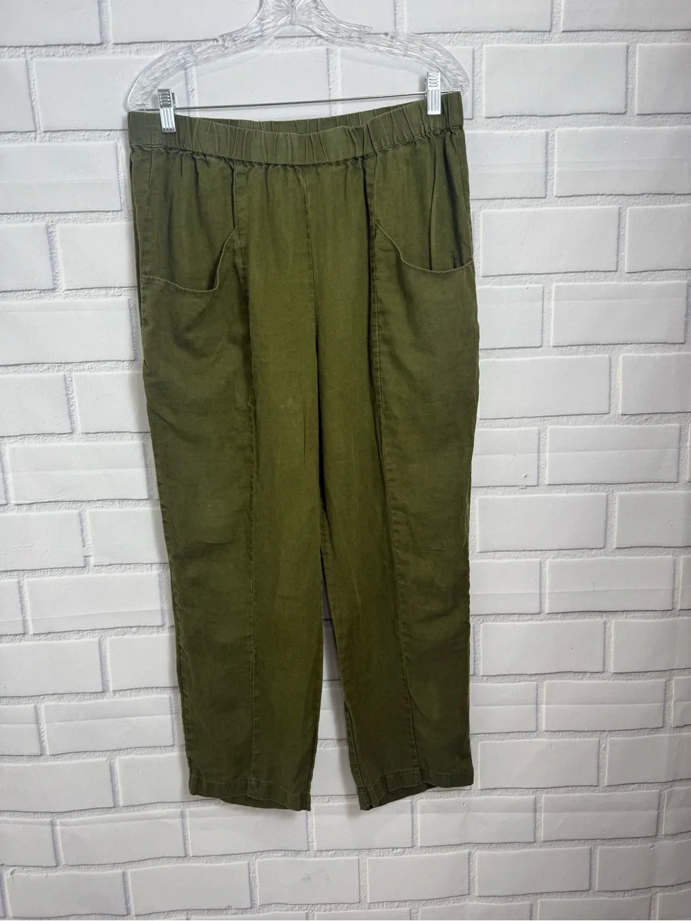 Quince Women’s Olive Green 100% Linen Pull-On Pants minimalist quiet luxury/L